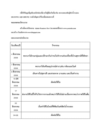 เพื่อให้ข้อมูลที่ถูกต้องแก่นักท่องเที่ยวหรือผู้ที่สนใจเกี่ยวกับ สถานแสดงพันธุ์สัตว์น้าระยอง
(RAYONG AQUARIUM) รวมถึงเชิญชวนให้มาเยี่ยมชมสถานที่
ขอบเขตของโครงงาน
สร้างสื่อจากโปรแกรม AdobePremiere Pro CS6 เผยแพร่สื่อจาก www.youtube.com
และสร้าง เว็บบล็อกจาก www.blogspot.com
แผนงานการดาเนินงาน
วัน/เดือน/ปี กิจกรรม
4 สิงหาคม
2558
พวกเราได้รวมกลุ่มและปรึกษากันว่าจะไปทางานท่องเที่ยวที่บ้านสุขาวดีที่พัทยา
7 สิงหาคม
2558
พวกเราได้เตรียมอุปกรณ์ต่างๆเช่น กล้องและไมค์
8 สิงหาคม
2558
เดินทางไปสุขาวดี และชายหาด บางแสน และเริ่มทางาน
10-14
สิงหาคม
2558
ตัดต่อวิดีโอ
17
สิงหาคม
2558
ส่งงานวิดีโอนี้ให้กับวิชาการงานแล้วพบว่าวิดีโอไม่ผ่านเนื่องจากพบว่าภาพวิดีโอสั่น
22
สิงหาคม
2558
เริ่มทาวิดีโอใหม่ที่พิพิธภัณฑ์สัตว์น้าระยอง
24-28 ตัดต่อวิดีโอ
 