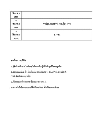 สิงหาคม
2558
29
สิงหาคม
2558
ทาเว็บและเล่มรายงานเพื่อส่งงาน
10
สิงหาคม
2558
ส่งงาน
ผลที่คาดว่าจะได้รับ
1. ผู้ที่เข้ามาเยี่ยมชมเว็บบล็อกหรือสื่อการเรียนรู้ได้รับข้อมูลที่มีความถูกต้อง
2. มีจานวนนักท่องเที่ยวที่มาเที่ยวและทากิจกรรมต่างๆที่ RAYONG AQUARIUM
รวมถึงจังหวัดระยองมากขึ้น
3. ได้รับความรู้เกี่ยวกับการทาสื่อและการทาเว็บบล็อก
4. นาเทคโนโลยีสารสนเทศมาใช้ให้เกิดประโยชน์ ทั้งแก่ตัวเองและสังคม
 