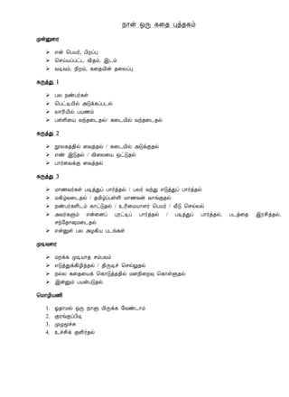 ¿¡ý ´Õ ¸¨¾ Òò¾¸õ
ÓýÛ¨Ã
 ±ý ¦ÀÂ÷, À¢ÈôÒ
 ¦ºöÂôÀð¼ Å¢¾õ, þ¼õ
 ÅÊÅõ, ¿¢Èõ, ¸¨¾Â¢ý ¾¨ÄôÒ
¸ÕòÐ 1
 ÀÄ ¿ñÀ÷¸û
 ¦ÀðÊÂ¢ø «Îì¸ôÀ¼ø
 Ä¡Ã¢Â¢ø ÀÂ½õ
 ÀûÇ¢¨Â Åó¾¨¼¾ø/ ¸¨¼Â¢ø Åó¾¨¼¾ø
¸ÕòÐ 2
 áÄ¸ò¾¢ø ¨Åò¾ø / ¸¨¼Â¢ø «ÎìÌ¾ø
 ±ñ þÎ¾ø / Å¢¨Ä¨Â ´ðÎ¾ø
 À¡÷¨ÅìÌ ¨Åò¾ø
¸ÕòÐ 3
 Á¡½Å÷¸û ÀÊòÐô À¡÷ò¾ø / ÀÄ÷ ÅóÐ ±ÎòÐô À¡÷ò¾ø
 Á¸¢úÅ¨¼¾ø / ¾Á¢úôÀûÇ¢ Á¡½Åý Å¡íÌ¾ø
 ¿ñÀ÷¸Ç¢¼õ ¸¡ðÎ¾ø / ¯Ã¢¨ÁÂ¡Ç÷ ¦ÀÂ÷ / Å£Î ¦ºøÄø
 «Å÷¸Ùõ ±ý¨Éô ÒÃðÊô À¡÷ò¾ø / ÀÊòÐô À¡÷ò¾ø, À¼ò¨¾ þÃº¢ò¾ø,
ºó§¾¡„Á¨¼¾ø
 ±ýÛû ÀÄ «Æ¸¢Â À¼í¸û
ÓÊ×¨Ã
 ÁÈì¸ ÓÊÂ¡¾ ºõÀÅõ
 ±ÎòÐì¸¢Æ¢ò¾ø / ¾¢ÕÊî ¦ºøÖ¾ø
 ¿øÄ ¸¨¾¨Âì ¦¸¡Îò¾¾¢ø ÁÉ¿¢¨È× ¦¸¡ûÙ¾ø
 þýÛõ ÀÂýÀÎ¾ø
¦Á¡Æ¢Â½¢
1. µ¾¡Áø ´Õ ¿¡Ù Á¢Õì¸ §Åñ¼¡õ
2. ÌÃíÌôÀ¢Ê
3. ÓØãîÍ
4. ¯îº¢ì ÌÇ¢÷¾ø
 