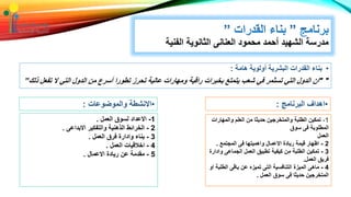 ‫الفنية‬ ‫الثانوية‬ ‫العنانى‬ ‫محمود‬ ‫أحمد‬ ‫الشهيد‬ ‫مدرسة‬
•‫هامة‬ ‫أولوية‬ ‫البشرية‬ ‫القدرات‬ ‫بناء‬:
" "‫ت‬ ‫ال‬ ‫التي‬ ‫الدول‬ ‫من‬ ‫أسرع‬ ‫تطورا‬ ‫تحرز‬ ‫عالية‬ ‫ومهارات‬ ‫راقية‬ ‫بخبرات‬ ‫يتمتع‬ ‫شعب‬ ‫في‬ ‫تسثمر‬ ‫التي‬ ‫الدول‬ ‫ان‬‫ذلك‬ ‫فعل‬”
1-‫والمهار‬ ‫العلم‬ ‫من‬ ‫حديثا‬ ‫والمتخرجين‬ ‫الطلبة‬ ‫تمكين‬‫ات‬
‫سوق‬ ‫فى‬ ‫المطلوبة‬
‫العمل‬
2-‫المجتمع‬ ‫فى‬ ‫واهميتها‬ ‫االعمال‬ ‫ريادة‬ ‫قيمة‬ ‫اظهار‬.
3-‫و‬ ‫الجماعى‬ ‫العمل‬ ‫تطبيق‬ ‫كيفية‬ ‫من‬ ‫الطلبة‬ ‫تمكين‬‫ادارة‬
‫العمل‬ ‫فريق‬.
4-‫الط‬ ‫باقى‬ ‫عن‬ ‫تميزه‬ ‫التى‬ ‫التنافسية‬ ‫الميزة‬ ‫ماهى‬‫او‬ ‫لبة‬
‫العمل‬ ‫سوق‬ ‫فى‬ ‫حديثا‬ ‫المتخرجين‬.
•‫البرنامج‬ ‫اهداف‬:•‫والموضوعات‬ ‫االنشطة‬:
1-‫العمل‬ ‫لسوق‬ ‫االعداد‬.
2-‫االبداعى‬ ‫والتفكير‬ ‫الذهنية‬ ‫الخرائط‬.
3-‫العمل‬ ‫فرق‬ ‫وادارة‬ ‫بناء‬.
4-‫العمل‬ ‫اخالقيات‬.
5-‫االعمال‬ ‫ريادة‬ ‫عن‬ ‫مقدمة‬.
 