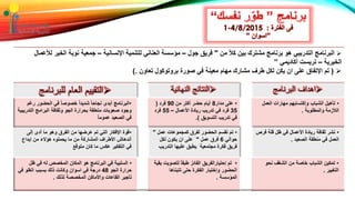 ‫من‬ ً‫ال‬‫ك‬ ‫بين‬ ‫مشترك‬ ‫برنامج‬ ‫هو‬ ‫التدريبي‬ ‫البرنامج‬"‫جول‬ ‫فريق‬–‫اإلنسانية‬ ‫للتنمية‬ ‫العناني‬ ‫مؤسسة‬–‫الخي‬ ‫نوبة‬ ‫جمعية‬‫لألعمال‬ ‫ر‬
‫الخيرية‬–‫أكاديمي‬ ‫تريست‬”
(‫تعاون‬ ‫بروتوكول‬ ‫صورة‬ ‫في‬ ‫معينة‬ ‫مهام‬ ‫مشارك‬ ‫طرف‬ ‫لكل‬ ‫يكن‬ ‫ان‬ ‫على‬ ‫اإلتفاق‬ ‫تم‬).
‫اهداف‬‫البرنامج‬‫النتائج‬‫النهائية‬‫للبرنامج‬ ‫العام‬ ‫التقييم‬
•‫العمل‬ ‫مهارات‬ ‫وإكتسابهم‬ ‫الشباب‬ ‫تأهيل‬
‫والمطلوبة‬ ‫الالزمة‬.
•‫مدار‬ ‫على‬8‫من‬ ‫أكتر‬ ‫حضر‬ ‫أيام‬90‫فرد‬(
35‫األعمال‬ ‫ريادة‬ ‫تدريب‬ ‫في‬ ‫فرد‬–55‫فرد‬
‫التسويق‬ ‫تدريب‬ ‫في‬.)
•‫ر‬ ‫الحضور‬ ‫في‬ ً‫ا‬‫خصوص‬ ً‫ا‬‫شديد‬ ً‫ا‬‫نجاح‬ ‫أبدى‬ ‫البرنامج‬‫غم‬
‫التد‬ ‫البرامج‬ ‫وثقافة‬ ‫الجو‬ ‫بحرارة‬ ‫متعلقة‬ ‫صعوبات‬ ‫وجود‬‫ريبية‬
ً‫ا‬‫عموم‬ ‫الصعيد‬ ‫في‬
•‫فر‬ ‫قلة‬ ‫ظل‬ ‫في‬ ‫األعمال‬ ‫ريادة‬ ‫ثقافة‬ ‫نشر‬‫ص‬
‫الصعيد‬ ‫منطقة‬ ‫في‬ ‫العمل‬.
•‫عمل‬ ‫كمجموعات‬ ‫لفرق‬ ‫الحضور‬ ‫تقسم‬ ‫تم‬"
‫حوالي‬6‫عمل‬ ‫فرق‬"‫لكل‬ ‫يكون‬ ‫ان‬ ‫على‬
‫مجتمعية‬ ‫فكرة‬ ‫فريق‬‫التدري‬ ‫عليها‬ ‫يطبق‬‫ب‬
•‫إلى‬ ‫أدى‬ ‫ما‬ ‫وهو‬ ‫الفرق‬ ‫من‬ ‫عرضها‬ ‫تم‬ ‫التي‬ ‫اإلفكار‬ ‫قوة‬
‫إبداع‬ ‫من‬ ‫هؤالء‬ ‫يحملوه‬ ‫ما‬ ‫من‬ ‫المشاركة‬ ‫األطراف‬ ‫أندهاش‬
‫متوقع‬ ‫كان‬ ‫ما‬ ‫عكس‬ ‫التفكير‬ ‫في‬
•‫من‬ ‫خاصة‬ ‫الشباب‬ ‫تمكين‬‫نحو‬ ‫الشغف‬
‫التغيير‬.
•‫لتصو‬ ً‫ا‬‫طبق‬ ‫الفائز‬ ‫إحتيارالفريق‬ ‫تم‬‫بقية‬ ‫يت‬
‫تتبناها‬ ‫حتى‬ ‫الفكرة‬ ‫وإختيار‬ ‫الحضور‬
‫المؤسسة‬.
•‫ظل‬ ‫في‬ ‫له‬ ‫المخصص‬ ‫المكان‬ ‫هو‬ ‫البرنامج‬ ‫في‬ ‫السلبية‬
‫الجو‬ ‫حرارة‬48‫ف‬ ‫الغلو‬ ‫بسبب‬ ‫ذلك‬ ‫وكانت‬ ‫اسوان‬ ‫في‬ ‫درجة‬‫ي‬
‫لذلك‬ ‫المخصصة‬ ‫واألماكن‬ ‫القاعات‬ ‫تأجير‬.
 