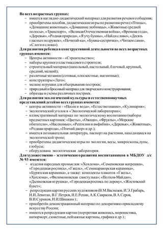 Во всехвозрастныхгруппах:
- имеется наглядно-дидактическийматериалдля развития речевогообщения;
- приобретены пособия,дидактическиеигрыпо развитиюречи(«Птицы»,
«Домашниеживотные», «Домашниелюбимцы», «Животныесредней
полосы», «Транспорт», «ВеликаяОтечественнаявойна»,«Временагода»,
«Деревья»,«Роднаяприрода»,«Я учубуквы»,«Найдислово»,«Десять
гласныхподружек»,«Почитай-ка», «Буквы-сестрички»,«Читаем сами»,
«Слогиислова»).
Дляразвитияребенкавконструктивной деятельности во всех возрастных
группахимеются:
- Центры активности - «Строительство»;
- наборы крупногопластмассовогостроителя;
- строительныйматериал(напольный,настольный,блочный,крупный,
средний,мелкий);
- различныемозаики(сотовые,плоскостные, магнитные);
- конструкторы«Лего»;
- мелкие игрушкидля обыгрывания построек;
- природныйибросовыйматериалдля творческогоконструирования;
- образцы исхемы различныхпостроек.
Дляразвитияэкологической культуры и естественнонаучных
представленийдетейво всехгруппахимеются:
- центры активности - «Песоки вода», «Естествознание»,«Кулинария»;
- экологическийуголокв «Экологическойлаборатории»;
- иллюстративный материал по экологическомувоспитанию (наборы
предметныхкартинок:«Цветы»,«Овощи», «Фрукты»,«Морские
обитатели»,«Насекомые»,«Рептилиииамфибии»,«Деревья»,«Животные»,
«Родная природа»,«Птичийдвор»идр.);
- имеется познавательная литература, паспортна растения, находящиеся на
экологическойтропе;
- приобретены дидактическиеигры по экологии, весы, микроскопы,лупы,
глобусы;
- оборудована экологическая лаборатория.
Дляхудожественно – эстетическогоразвития воспитанников в МБДОУ д/с
№ 93 имеются:
- изделия народныхпромыслов:«Хохлома»,«Семеновская матрешка»,
«Городецкая роспись»,«Гжель», «Семикаракорская керамика»,
«Бурятская керамика», а также: комплекты плакатов «Гжель»,
«Хохлома», «Филимоновская свистулька»;«Полхов-Майдан»,
«Дымковская игрушка», «Городецкаяроспись по дереву», «Жостовский
букет»;
- репродукциикартинрусскиххудожников (В.М.Васнецов,И.Э.Грабарь,
И.И.Левитан, В.Г.Петров,И.Е.Репин,А.К.Саврасов,В.А.Серов,
В.И.Суриков,И.И.Шишкин);
- приобретёндемонстрационныйматериалпо декоративно-прикладному
искусствуРоссии;
- имеются репродукциикартин(портретная живопись,моренистика,
натюрморт,сюжетные,пейзажныекартины, графикаидр.);
 