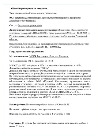 1.Общие характеристики заведения.
Тип: дошкольноеобразовательноеучреждение.
Вид: детский сад, реализующий основнуюобразовательнуюпрограмму
дошкольного образования.
Статус: бюджетное учреждение.
Лицензияна образовательнуюдеятельность:«Лицензияна образовательную
деятельность» серия 61ЛО1 №0000503, регистрационный№3256 от 27.02.2013 г.,
Региональная служба по надзоруи контролюв сфере образования Ростовской
области.
Приложение №1 к лицензии на осуществление образовательнойдеятельностиот
27 февраля 2013 г. №3256, серия 61 ПО1 №0000912.
Государственнаяаккредитация:
Местонахождение:347924 Ростовская область,г.Таганрог,
ул. Дзержинского171-1, телефон: 60-17-54.
МБДОУ д/с №93 построено в 1976 г. и введено в эксплуатацию в 1977 г.
Детский сад общей площадью 1938,5м².
Дошкольное образовательное учреждение расположено в одном из оживлённых
микрорайонов города – улице Дзержинского – одной из главных улиц города.
На территориирайона располагается большоеколичество различныхпредприятий
и учреждений, не относящихся к образованию, но косвенно влияющих на систему
образования в районе: ОАО «Красный Котельщик», музыкальная школа,
гостиница «Таганрог», почтовое отделение №24, детская поликлиника №4,
развлекательный комплекс «НЕО», библиотека им. А.Н. Островского, спортивно-
развлекательный комплекс «Академия». Дошкольное учреждение расположено в
непосредственной близости к школам: МОБУ СОШ №№22, 24, 34, 37 .
Имеющаяся инфраструктурарайонапредоставляетвозможность широкого выбора
социокультурных партнёров для МБДОУ д/с № 93.
Режим работы: Пятидневная рабочая неделя с 6.30 до 18.30
Выходные: суббота, воскресенье, праздничныедни.
Время пребывания детей: 12-ти часовое и 4-х часовое(ГКП)
Структура: 11 групп с фактическим числом воспитанников на конец учебного
года- 235 чел.
 