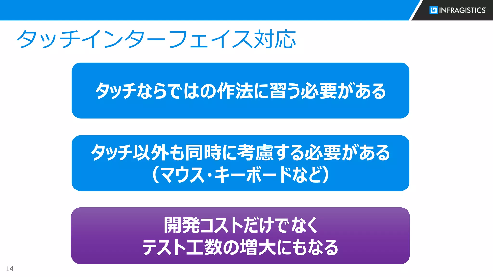 14
タッチインターフェイス対応
タッチならではの作法に習う必要がある
タッチ以外も同時に考慮する必要がある
（マウス・キーボードなど）
開発コストだけでなく
テスト工数の増大にもなる
 