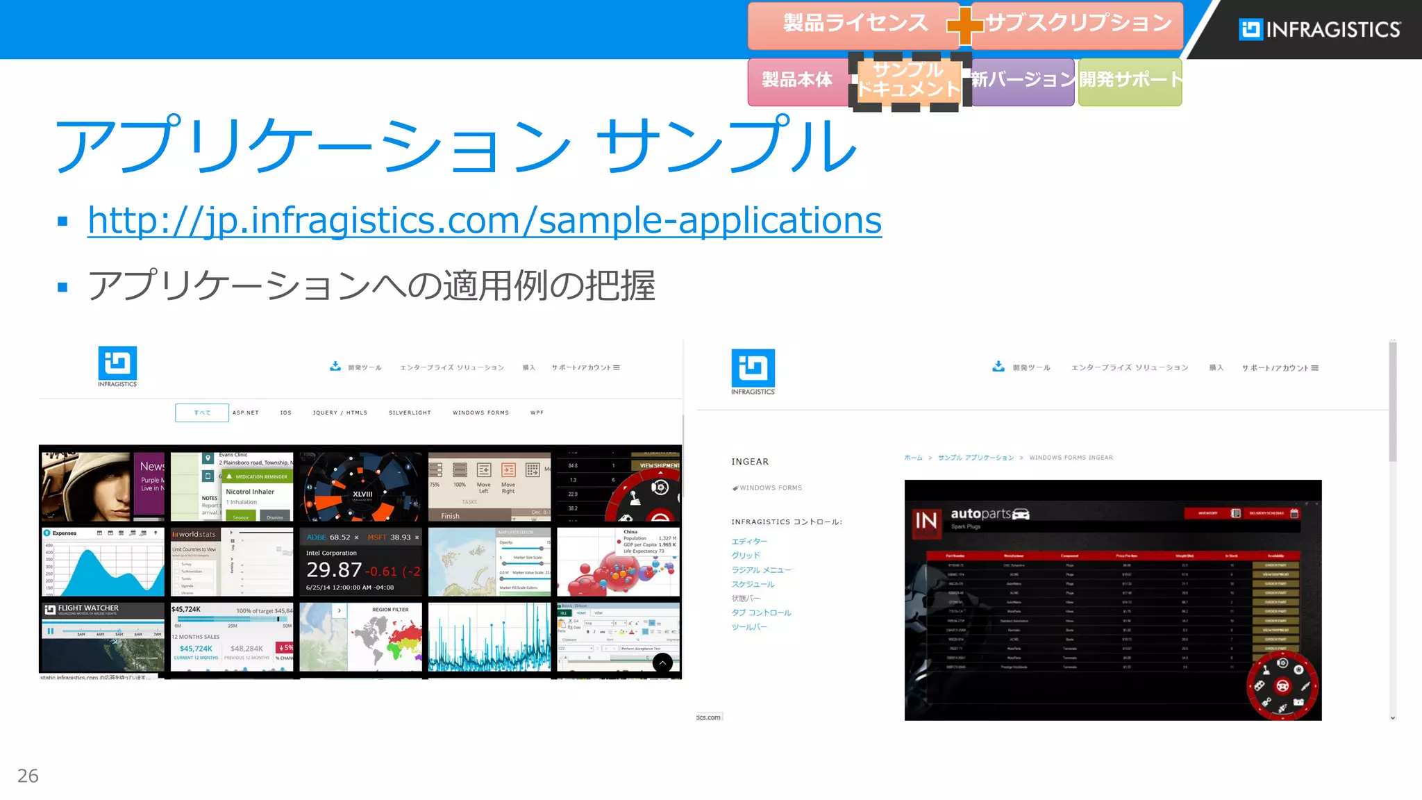 26
アプリケーション サンプル
 http://jp.infragistics.com/sample-applications
 アプリケーションへの適用例の把握
製品ライセンス
製品本体
サンプル
ドキュメント
サブスクリプション
新バージョン開発サポート
 