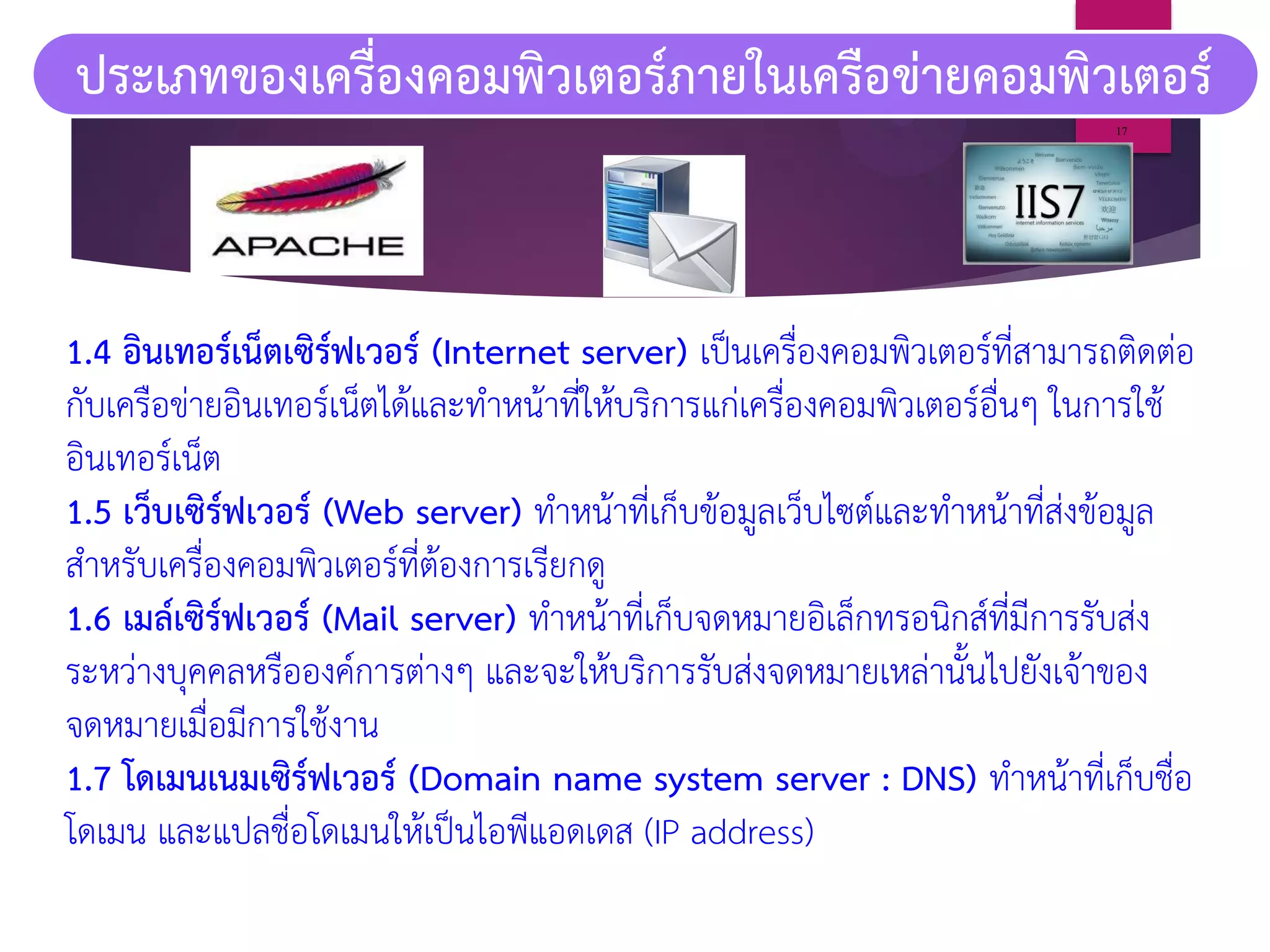 ประเภทของเครื่องคอมพิวเตอร์ภายในเครือข่ายคอมพิวเตอร์
1.4 อินเทอร์เน็ตเซิร์ฟเวอร์ (Internet server) เป็นเครื่องคอมพิวเตอร์ที่สามารถติดต่อ
กับเครือข่ายอินเทอร์เน็ตได้และทาหน้าที่ให้บริการแก่เครื่องคอมพิวเตอร์อื่นๆ ในการใช้
อินเทอร์เน็ต
1.5 เว็บเซิร์ฟเวอร์ (Web server) ทาหน้าที่เก็บข้อมูลเว็บไซต์และทาหน้าที่ส่งข้อมูล
สาหรับเครื่องคอมพิวเตอร์ที่ต้องการเรียกดู
1.6 เมล์เซิร์ฟเวอร์ (Mail server) ทาหน้าที่เก็บจดหมายอิเล็กทรอนิกส์ที่มีการรับส่ง
ระหว่างบุคคลหรือองค์การต่างๆ และจะให้บริการรับส่งจดหมายเหล่านั้นไปยังเจ้าของ
จดหมายเมื่อมีการใช้งาน
1.7 โดเมนเนมเซิร์ฟเวอร์ (Domain name system server : DNS) ทาหน้าที่เก็บชื่อ
โดเมน และแปลชื่อโดเมนให้เป็นไอพีแอดเดส (IP address)
17
 