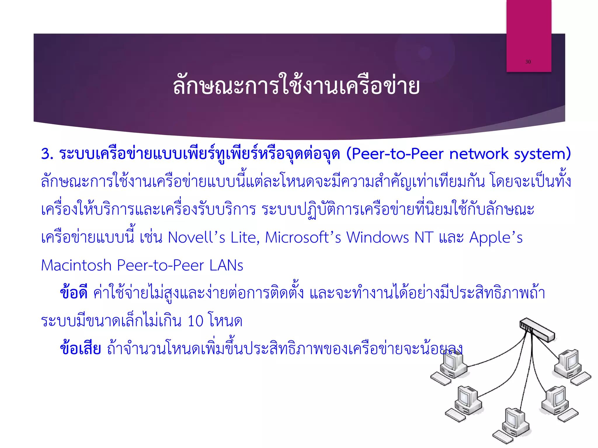 ลักษณะการใช้งานเครือข่าย
3. ระบบเครือข่ายแบบเพียร์ทูเพียร์หรือจุดต่อจุด (Peer-to-Peer network system)
ลักษณะการใช้งานเครือข่ายแบบนี้แต่ละโหนดจะมีความสาคัญเท่าเทียมกัน โดยจะเป็นทั้ง
เครื่องให้บริการและเครื่องรับบริการ ระบบปฏิบัติการเครือข่ายที่นิยมใช้กับลักษณะ
เครือข่ายแบบนี้ เช่น Novell’s Lite, Microsoft’s Windows NT และ Apple’s
Macintosh Peer-to-Peer LANs
ข้อดี ค่าใช้จ่ายไม่สูงและง่ายต่อการติดตั้ง และจะทางานได้อย่างมีประสิทธิภาพถ้า
ระบบมีขนาดเล็กไม่เกิน 10 โหนด
ข้อเสีย ถ้าจานวนโหนดเพิ่มขึ้นประสิทธิภาพของเครือข่ายจะน้อยลง
30
 