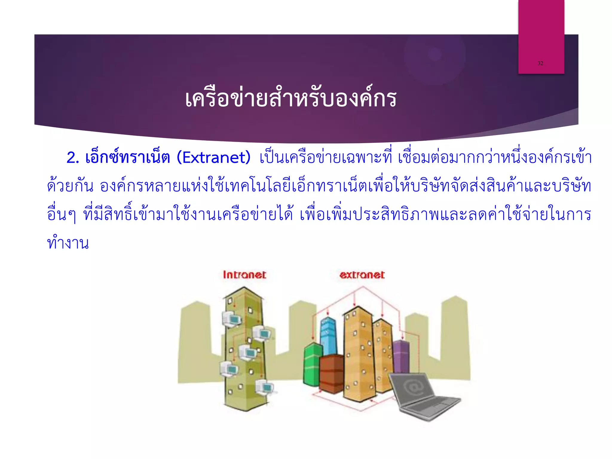 เครือข่ายสาหรับองค์กร
2. เอ็กซ์ทราเน็ต (Extranet) เป็นเครือข่ายเฉพาะที่ เชื่อมต่อมากกว่าหนึ่งองค์กรเข้า
ด้วยกัน องค์กรหลายแห่งใช้เทคโนโลยีเอ็กทราเน็ตเพื่อให้บริษัทจัดส่งสินค้าและบริษัท
อื่นๆ ที่มีสิทธิ์เข้ามาใช้งานเครือข่ายได้ เพื่อเพิ่มประสิทธิภาพและลดค่าใช้จ่ายในการ
ทางาน
32
 