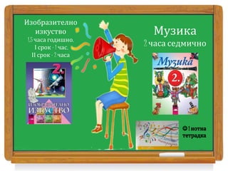 Изобразително
изкуство
1,5 часа годишно,
І срок – 1 час,
ІІ срок – 2 часа
Музика
2 часа седмично
 