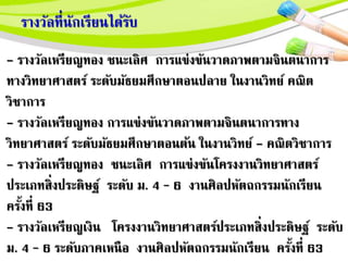 รางวัลที่นักเรียนได้รับ
- รางวัลเหรียญทอง ชนะเลิศ การแขงขันวาดภาพตามจินตนาการ
ทางวิทยาศาสตร์ ระดับมัธยมศึกษาตอนปลาย ในงานวิทย์ ค์ิต
วิชาการ
- รางวัลเหรียญทอง การแขงขันวาดภาพตามจินตนาการทาง
วิทยาศาสตร์ ระดับมัธยมศึกษาตอนต้น ในงานวิทย์ - ค์ิตวิชาการ
- รางวัลเหรียญทอง ชนะเลิศ การแขงขันโครงงานวิทยาศาสตร์
ประเภทสิ่งประดิษฐ์ ระดับ ม. 4 – 6 งานศิลปหัตถกรรมนักเรียน
ครั้งที่ 63
- รางวัลเหรียญเงิน โครงงานวิทยาศาสตร์ประเภทสิ่งประดิษฐ์ ระดับ
ม. 4 – 6 ระดับภาคเหนือ งานศิลปหัตถกรรมนักเรียน ครั้งที่ 63
 