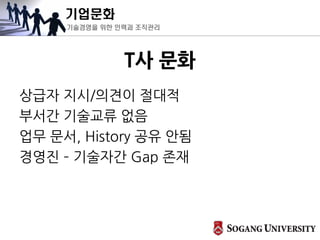 기업문화
기술경영을 위한 인력과 조직관리
T사 문화
상급자 지시/의견이 절대적
부서간 기술교류 없음
업무 문서, History 공유 안됨
경영진 – 기술자간 Gap 존재
 