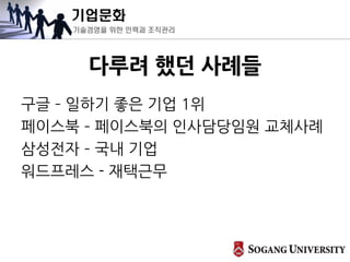 기업문화
기술경영을 위한 인력과 조직관리
다루려 했던 사례들
구글 – 일하기 좋은 기업 1위
페이스북 – 페이스북의 인사담당임원 교체사례
삼성전자 – 국내 기업
워드프레스 - 재택근무
 