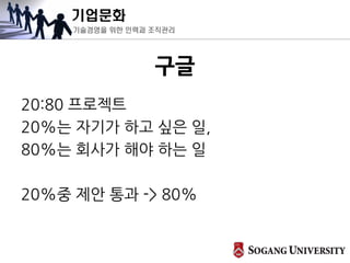 기업문화
기술경영을 위한 인력과 조직관리
구글
20:80 프로젝트
20%는 자기가 하고 싶은 일,
80%는 회사가 해야 하는 일
20%중 제안 통과 -> 80%
 
