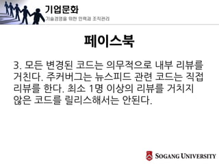 기업문화
기술경영을 위한 인력과 조직관리
페이스북
3. 모든 변경된 코드는 의무적으로 내부 리뷰를
거친다. 주커버그는 뉴스피드 관련 코드는 직접
리뷰를 한다. 최소 1명 이상의 리뷰를 거치지
않은 코드를 릴리스해서는 안된다.
 