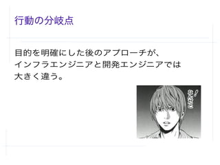 行動の分岐点
目的を明確にした後のアプローチが、
インフラエンジニアと開発エンジニアでは
大きく違う。
 