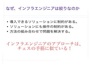 なぜ、インフラエンジニアは絞りなのか
● 導入できるソリューションに制約がある。
● ソリューションにも操作の制約がある。
● 方法の組み合わせで問題を解決する。
インフラエンジニアのアプローチは、
チェスの手筋に似ている！
 