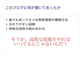 このブログに何が書いてあったか
● 誰でも知ってそうな開発環境の構築方法
● 分かりやすい図解
● 単純な技術の組み合わせ
そうか。高度な技術をやれば
いってもんじゃないんだ！
 