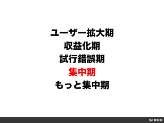 ユーザー拡大期
収益化期
試行錯誤期
集中期
もっと集中期
 