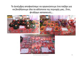 Το Δεκέμβρη αποφασίσαμε να οργανώσουμε ένα παζάρι για
να βοηθήσουμε όλα τα αδέσποτα της περιοχής μας...Έτσι,
φτιάξαμε κατασκευές...
4611ο Νηπιαγωγείο Ασπροπύργου
 