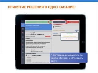  Согласование документа по
кнопке «Готово» и «Утвердить
визу»
ПРИНЯТИЕ РЕШЕНИЯ В ОДНО КАСАНИЕ!
 