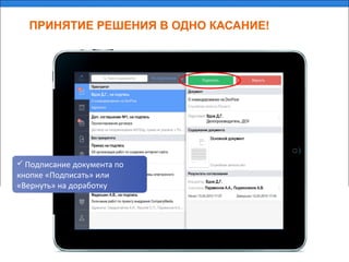 ПРИНЯТИЕ РЕШЕНИЯ В ОДНО КАСАНИЕ!
 Подписание документа по
кнопке «Подписать» или
«Вернуть» на доработку
 