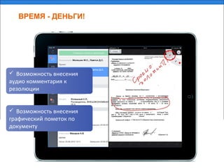 ВРЕМЯ - ДЕНЬГИ!
 Возможность внесения
аудио комментария к
резолюции
 Возможность внесения
графический пометок по
документу
 