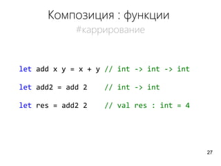 Композиция : функции
#каррирование
let add x y = x + y // int -> int -> int
let add2 = add 2 // int -> int
let res = add2 2 // val res : int = 4
27
 