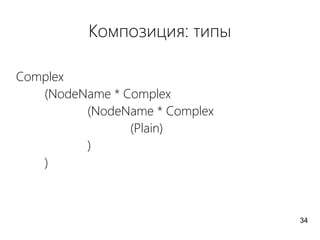 Композиция: типы
Complex
(NodeName * Complex
(NodeName * Complex
(Plain)
)
)
34
 
