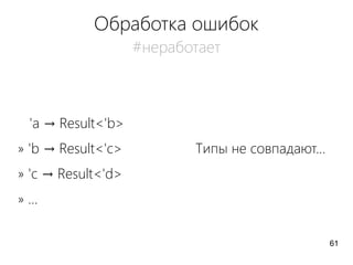 Обработка ошибок
#неработает
'a → Result<'b>
» 'b → Result<'c>
» 'c → Result<'d>
» …
Типы не совпадают...
61
 