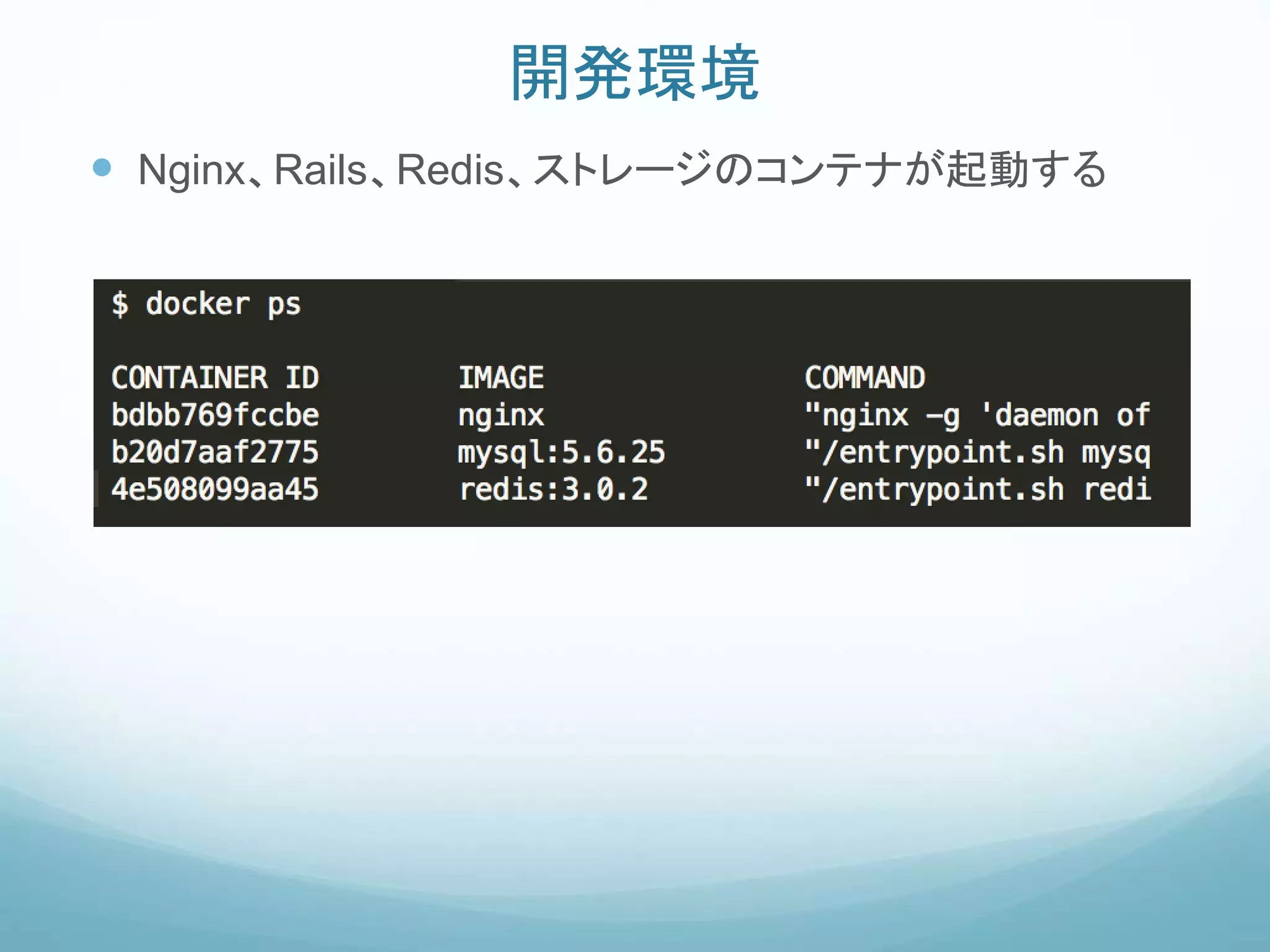 開発環境
 Nginx、Rails、Redis、ストレージのコンテナが起動する
 