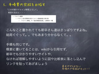 5. 手順書内完結を目指す
「この手順でドメイン移管よろしく」
 概要を見ると・・・
こんなこと書かれてても新卒さん達はさっぱりですよね。
結局ぐぐって。。でもあまり分からなくて。。
手順も同じです。
概要に書いてることは、wikiから引用せず、
新卒でも分かりやすいサイトや、
なければ理解しやすいように図や比較表に落とし込んで
リンクを貼ってあげましょう
基本ググらせない
手順内で完結がモットー！
 