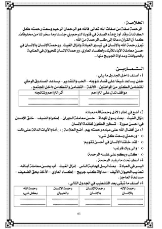 61
١‫ارت٬ف‬:
ٌ‫ن‬ ٘‫صمحت‬ ‫ٚععت‬ ِٝ‫ايضس‬ ٕ‫ايضمحا‬ ٖٛ ‫ؾاهلل‬ ‫تعاىل‬ ‫اهلل‬ ‫فؿات‬ َٔ ١‫فؿ‬ ١‫ايضمح‬
‫شتًٛقات‬ َٔ ‫يٓا‬ ‫عدض‬ ‫َٚا‬ ‫دٓغٓا‬ ‫بين‬ ِ‫يٓضس‬ ‫قًٛبٓا‬ ‫يف‬ ١‫ايقؿ‬ ٙ‫ٖش‬ ‫أٚرع‬ ‫ٚقز‬ ‫ايها٥ٓات‬.
‫اهلل‬ َٔ ١‫ايضمح‬ ‫طًب‬ ‫إىل‬ ‫رعاْا‬ ٕ‫ايكضآ‬ ٕ‫أ‬ ‫نُا‬.
‫يف‬ ٕ‫باٱْغا‬ ٕ‫اٱْغا‬ ١‫ٚصمح‬ ، ‫ايػٝح‬ ٍ‫ٚإْظا‬ ٠‫ايعبار‬ ‫تٝغري‬ ‫يف‬ ٕ‫باٱْغا‬ ‫اهلل‬ ١‫صمح‬ ‫تربط‬
١ٜ‫ايعٓا‬ ‫يف‬ ٕ‫يًشٝٛا‬ ٕ‫اٱْغا‬ ١‫ٚصمح‬ ،ٟ‫ايعاص‬ ٤‫ٚانغا‬ ٤‫يٮبٓا‬ ٤‫اٯبا‬ ١ًَ‫َعا‬ ٔ‫سغ‬
‫َٓٗا‬ ‫ادتضٜح‬ ٠‫َٚزاٚا‬ ‫باذتٝٛاْات‬...
ٔ‫ايــتــُــاصٜــ‬:
1/ًٜٞ ‫َا‬ ٍٚ‫ادتز‬ ٌ‫راخ‬ ‫أفٓـ‬:
ْ٘ٚ٪‫ؽ‬ ٤‫قنا‬ ٢ً‫ع‬ ‫ؽٝدا‬ ‫ٜغاعز‬ ٌ‫طؿ‬–‫ٚايتكزٜض‬ ‫اذتب‬–‫ايٛطين‬ ‫ايقٓزٚم‬ ‫ٜغاعز‬
‫املٛاطٓني‬ َٔ ‫ايهجري‬ َٔ‫يًتنا‬–١‫ا٭يؿ‬–‫اجملتُع‬ ٌ‫راخ‬ ٌَ‫ٚايتها‬ َٔ‫ايتنا‬.
ِ‫ايرتاس‬ ٢ً‫ع‬ ٍ‫تز‬ ‫َٛاقـ‬٘‫ْٚتا٥ذ‬ ِ‫ايرتاس‬ ‫أثض‬
....................................................
....................................................
....................................................
....................................................
2/ٙ‫بعبار‬ ‫اهلل‬ ١‫صمح‬ ٌ٥٫‫ر‬ ‫إطاص‬ ‫يف‬ ‫أمع‬
‫ايػٝح‬ ٍ‫إْظا‬–٠‫يًٗزا‬ ٍٛ‫صع‬ ‫بعح‬–ٕ‫ادتريا‬ ١ًَ‫َعا‬ ٔ‫سغ‬–‫اينٝـ‬ ّ‫إنضا‬–ٕ‫اٱْغا‬ ‫خًل‬
٠‫فٛص‬ ٔ‫أسغ‬ ‫يف‬–ٕ‫اٱْغا‬ ٠‫يؿا٥ز‬ ٕٛ‫ايه‬ ‫تغدري‬
3/ِٗ‫ب‬ ٘‫صمحت‬ ٙ‫عبار‬ ٢ً‫ع‬ ‫اهلل‬ ٍ‫أؾنا‬ َٔ,١َ٬‫ايع‬ ‫أمع‬(+)‫سيو‬ ٢ً‫ع‬ ١‫ايزاي‬ ‫اٯٜات‬ ّ‫أَا‬:
"٤ٞ‫ؽ‬ ٌ‫ن‬ ‫ٚععت‬ ‫ٚصمحيت‬"
"ِٜٛ‫تك‬ ٔ‫أسغ‬ ‫يف‬ ٕ‫اٱْغا‬ ‫خًكٓا‬ ‫يكز‬"
"‫ؾاصغب‬ ‫صبو‬ ‫ٚإىل‬"
"١‫ايضمح‬ ٘‫ْؿغ‬ ٢ً‫ع‬ ِ‫صبه‬ ‫نتب‬"
4/١‫ايضمح‬ ‫ٜؿٝز‬ ‫َا‬ ‫حتت‬ ‫أعڀض‬:
٠‫ايعبار‬ ‫يف‬ ‫ايٝغض‬–‫ايٓاؼ‬ ١ٜ‫هلزا‬ ٌ‫ايضع‬ ‫بعح‬–‫ايػٝح‬ ٍ‫إْظا‬–٘٥‫أبٓا‬ ١ًَ‫َعا‬ ٔ‫عتغ‬ ‫أب‬–
‫ا٭يٝـ‬ ٕ‫اذتٝٛا‬ ‫تعشٜب‬–‫دضٜح‬ ‫نًب‬ ٠‫َزاٚا‬–ٟ‫ايعاص‬ ٤‫إنغا‬–‫اينعٝـ‬ ‫عل‬ ‫ا٭خش‬–
‫ايعادظ‬ ٠‫َغاعز‬.
4/ٞ‫ايتاي‬ ٍٚ‫ادتز‬ ‫يف‬ ‫ايتؾڀٝب‬ ‫بعز‬ ٢‫تبك‬ ‫َا‬ ‫أفٓـ‬:
٘‫اٱي‬ ١‫صمح‬
ٕ‫باٱْغا‬
ٕ‫اٱْغا‬ ١‫صمح‬
ٕ‫باٱْغا‬
ٕ‫اٱْغا‬ ١‫صمح‬
ٕ‫باذتٝٛا‬
‫اهلل‬ ١‫صمح‬
٤ٞ‫ؽ‬ ٌ‫به‬
...........................
..........................
...........................
..........................
...........................
..........................
...........................
..........................
 