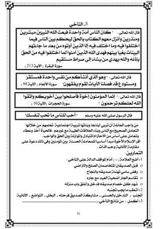 93
3.ٞ‫ايتآخ‬
‫تعاىل‬ ‫اهلل‬ ٍ‫قا‬:"‫ٳ‬ٜٔ‫ڇ‬‫ض‬‫ٿ‬‫ؾ‬‫ٳ‬‫ب‬‫ٴ‬َ ‫ٳ‬‫ني‬‫ٿ‬ٝ‫ٹ‬‫ب‬‫ٻ‬ٓ‫اي‬ ‫ٴ‬٘‫ډ‬ً‫اي‬ ‫ٳ‬‫ح‬‫ٳ‬‫ع‬‫ٳ‬‫ب‬‫ځ‬‫ؾ‬ ‫ڄ‬٠‫ٳ‬‫ز‬‫ٹ‬‫س‬‫ٳا‬ٚ ‫ڄ‬١‫ٻ‬َ‫ڂ‬‫أ‬ ‫ٴ‬‫ؼ‬‫ٻا‬ٓ‫اي‬ ‫ٳ‬ٕ‫ځا‬‫ن‬
‫ٳا‬ُٝ‫ٹ‬‫ؾ‬ ‫ڇ‬‫ؼ‬‫ٻا‬ٓ‫اي‬ ‫ٳ‬ٔ‫ٵ‬ٝ‫ٳ‬‫ب‬ ‫ٳ‬ِ‫ڂ‬‫ه‬‫ٵ‬‫ش‬‫ٳ‬ٝ‫ٹ‬‫ي‬ ‫ٿ‬‫ل‬‫ٳ‬‫ش‬‫ڃ‬‫ي‬‫ٹا‬‫ب‬ ‫ٳ‬‫ب‬‫ٳا‬‫ت‬‫ٹ‬‫ه‬‫ڃ‬‫ي‬‫ا‬ ‫ٵ‬ِ‫ٴ‬ٗ‫ٳ‬‫ع‬‫ٳ‬َ ‫ٳ‬ٍ‫ٳ‬‫ظ‬ْ‫ځ‬‫أ‬‫ٳ‬ٚ ‫ٳ‬ٜٔ‫ڇ‬‫ص‬‫ٹ‬‫ش‬ٓ‫ٴ‬َ‫ٳ‬ٚ
‫ٵ‬ِ‫ٴ‬ٗ‫ٵ‬‫ت‬‫ٳ‬٤‫ٳا‬‫د‬ ‫ٳا‬َ ‫ٹ‬‫ز‬‫ٵ‬‫ع‬‫ٳ‬‫ب‬ ‫ٵ‬ٔ‫ٹ‬َ ‫ٴ‬ٙٛ‫ٴ‬‫ت‬ٚ‫ڂ‬‫أ‬ ‫ٳ‬ٜٔ‫ٹ‬‫ش‬‫ډ‬‫ي‬‫ا‬ ‫ډا‬‫ي‬‫ڇ‬‫إ‬ ‫ٹ‬٘ٝ‫ٹ‬‫ؾ‬ ‫ٳ‬‫ـ‬‫ځ‬ً‫ٳ‬‫ت‬‫ٵ‬‫خ‬‫ا‬ ‫ٳا‬َ‫ٳ‬ٚ ‫ٹ‬٘ٝ‫ٹ‬‫ؾ‬ ‫ڂٛا‬‫ؿ‬‫ځ‬ً‫ٳ‬‫ت‬‫ٵ‬‫خ‬‫ا‬
‫ٿ‬‫ل‬‫ٳ‬‫ش‬‫ڃ‬‫ي‬‫ا‬ ‫ٵ‬ٔ‫ٹ‬َ ‫ٹ‬٘ٝ‫ٹ‬‫ؾ‬ ‫ڂٛا‬‫ؿ‬‫ځ‬ً‫ٳ‬‫ت‬‫ٵ‬‫خ‬‫ا‬ ‫ٳا‬ُ‫ٹ‬‫ي‬ ‫ٴٛا‬ٓ‫ٳ‬َ‫آ‬ ‫ٳ‬ٜٔ‫ٹ‬‫ش‬‫ډ‬‫ي‬‫ا‬ ‫ٴ‬٘‫ډ‬ً‫اي‬ ٣‫ٳ‬‫ز‬‫ٳ‬ٗ‫ځ‬‫ؾ‬ ‫ٵ‬ِ‫ٴ‬ٗ‫ٳ‬ٓ‫ٵ‬ٝ‫ٳ‬‫ب‬ ‫ٶا‬ٝ‫ٵ‬‫ػ‬‫ٳ‬‫ب‬ ‫ٴ‬‫ت‬‫ٳا‬ٓ‫ٿ‬ٝ‫ٳ‬‫ب‬‫ڃ‬‫ي‬‫ا‬
‫ڈ‬ِٝ‫ٹ‬‫ك‬‫ٳ‬‫ت‬‫ٵ‬‫غ‬‫ٴ‬َ ‫ٺ‬‫ط‬‫ٳا‬‫ض‬‫ٹ‬‫ف‬ ٢‫ځ‬‫ي‬‫ڇ‬‫إ‬ ‫ٴ‬٤‫ٳا‬‫ؾ‬‫ٳ‬ٜ ‫ٵ‬ٔ‫ٳ‬َ ٟ‫ٹ‬‫ز‬‫ٵ‬ٗ‫ٳ‬ٜ ‫ٴ‬٘‫ډ‬ً‫ٳاي‬ٚ ‫ٹ‬٘‫ٹ‬ْ‫ٵ‬‫س‬‫ڇ‬‫إ‬‫ٹ‬‫ب‬
٠‫ايبكض‬ ٠‫عٛص‬(١ٜ‫اٯ‬213)
‫تعاىل‬ ‫اهلل‬ ٍ‫قا‬:"‫پ‬‫ض‬‫ځ‬‫ك‬‫ٳ‬‫ت‬‫ٵ‬‫غ‬‫ٴ‬ُ‫ځ‬‫ؾ‬ ‫ٺ‬٠‫ٳ‬‫ز‬‫ٹ‬‫س‬‫ٳا‬ٚ ‫ڈ‬‫ػ‬‫ڃ‬‫ؿ‬‫ٳ‬ْ ‫ٵ‬ٔ‫ٹ‬َ ‫ٵ‬ِ‫ڂ‬‫ن‬‫ځ‬‫أ‬‫ٳ‬‫ؾ‬ْ‫ځ‬‫أ‬ ٟ‫ٹ‬‫ش‬‫ډ‬‫ي‬‫ا‬ ‫ٳ‬ٛ‫ٴ‬ٖ‫ٳ‬ٚ
‫ٳ‬ٕٛ‫ٴ‬ٗ‫ځ‬‫ك‬‫ڃ‬‫ؿ‬‫ٳ‬ٜ ‫ڈ‬ّ‫ٵ‬ٛ‫ځ‬‫ك‬‫ٹ‬‫ي‬ ‫ٹ‬‫ت‬‫ٳا‬ٜ‫ڃآ‬‫ي‬‫ا‬ ‫ٳا‬ٓ‫ڃ‬ً‫ٻ‬‫ق‬‫ځ‬‫ؾ‬ ‫ٵ‬‫ز‬‫ځ‬‫ق‬ ‫ٷ‬‫ع‬‫ٳ‬‫ر‬‫ٵ‬ٛ‫ٳ‬‫ت‬‫ٵ‬‫غ‬‫ٴ‬َ‫ٳ‬ٚ"ّ‫ا٭ْعا‬ ٠‫عٛص‬(١ٜ‫اٯ‬98)
‫تعاىل‬ ‫اهلل‬ ٍ‫قا‬:"‫ڂٛا‬‫ك‬‫ٻ‬‫ت‬‫ٳا‬ٚ ‫ٵ‬ِ‫ڂ‬‫ه‬‫ٵ‬ٜ‫ٳ‬ٛ‫ٳ‬‫خ‬‫ځ‬‫أ‬ ‫ٳ‬ٔ‫ٵ‬ٝ‫ٳ‬‫ب‬ ‫ٴٛا‬‫ش‬‫ٹ‬ً‫ٵ‬‫ف‬‫ځ‬‫أ‬‫ځ‬‫ؾ‬ ‫څ‬٠‫ٳ‬ٛ‫ٵ‬‫خ‬‫ڇ‬‫إ‬ ‫ٳ‬ٕٛ‫ٴ‬ٓ‫ٹ‬َ‫ٵ‬٪‫ٴ‬ُ‫ڃ‬‫ي‬‫ا‬ ‫ٳا‬ُ‫ٻ‬ْ‫ڇ‬‫إ‬
‫ٳ‬ٕٛ‫ٴ‬ُ‫ٳ‬‫س‬‫ٵ‬‫ض‬‫ٴ‬‫ت‬ ‫ٵ‬ِ‫ڂ‬‫ه‬‫ډ‬ً‫ٳ‬‫ع‬‫ځ‬‫ي‬ ‫ٳ‬٘‫ډ‬ً‫اي‬"‫اذتذضات‬ ٠‫عٛص‬(١ٜ‫اٯ‬10)
ًِ‫ٚع‬ ً٘ٝ‫ع‬ ‫اهلل‬ ٢ً‫ف‬ ٍٛ‫ايضع‬ ٍ‫قا‬"‫يٓؿغو‬ ‫حتب‬ ‫َا‬ ‫يًٓاؼ‬ ‫أسب‬"
‫خ٬هلا‬ َٔ ًُِٗ‫تع‬ ١ٝ‫ادتُاع‬ ١ٝ‫تضب‬ ‫ٚبٓاتٗا‬ ‫أبٓا٤ٖا‬ ٞ‫تضب‬ ٕ‫أ‬ ١ً٥‫ايعا‬ ‫ٚادب‬ َٔ
٤‫ٚعڀا‬ ‫أخش‬ ٠‫ؾاذتٝا‬ ، ِٖ‫غري‬ ‫َع‬ ١‫ايڀٝب‬ ‫ايع٬قات‬ ٤‫ٚبٓا‬ ‫ايٓاؼ‬ ‫َع‬ ‫ايقشٝح‬ ٌَ‫ايتعا‬
‫ٚايٛادب‬ ‫اذتل‬ ‫بني‬ ١ْ‫ٚاملٛاط‬ ٍ‫املتبار‬ ّ‫ا٫سرتا‬ َٔ ‫أعاؼ‬ ٢ً‫ع‬ ٌَ‫ٚتعا‬.
٢ً‫ع‬ ٠ٛ‫رع‬ ‫سيو‬ ‫ٚيف‬ ‫امل٪َٓني‬ ‫بني‬ ١ٓ‫اذتغ‬ ١ًَ‫يًُعا‬ ‫أعاعٝا‬ ‫َبزأ‬ ٠ٛ‫ا٭خ‬ ّ٬‫اٱع‬ ‫ٸ‬‫ض‬‫أق‬
‫ايشات‬ ‫ٚسب‬ ١ْٝ‫ا٭ْا‬ ١َٚ‫َكا‬.
ٜٔ‫ايتُاص‬:
1/١َ٬‫ايع‬ ‫أمع‬(+)ٞ‫ايتآخ‬ ٢ً‫ع‬ ١‫ايزاي‬ ‫املٛاقـ‬ ّ‫أَا‬:
ٞ‫ٚايرتام‬ ‫ايقًح‬ ٕ‫املتدافُا‬ ٕ‫ايقزٜكا‬ ٌ‫قب‬
‫بايٓذاح‬ ٘‫فزٜك‬ ١٦ٓٗ‫ت‬ َٞ‫عا‬ ‫صؾض‬
ٙ‫داص‬ ‫َع‬ ‫ايعٝز‬ ١ٝ‫أمش‬ ‫ادتاص‬ ِ‫تكاع‬
٘‫َٓظي‬ ‫باب‬ ‫ٚأغًل‬ ٌ‫ؾزخ‬ ٘‫فزٜك‬ ّ‫خقا‬ ٌ‫طؿ‬ ‫ؽٗز‬
2/٘‫جتٓب‬ ‫ظتب‬ ‫َا‬ ‫أؽڀب‬
‫أجتٓب‬-٢ٓ‫باذتغ‬ ٌ‫ايتزخ‬-٘‫ؾضست‬ ‫ايقزٜل‬ ١‫َؾاصن‬-ٌ‫ايبد‬-‫ايتٛامع‬-١ْٝ‫ا٭ْا‬
3/ٌُ‫أن‬:ٞ‫ايتآخ‬ ‫ْتا٥ر‬ َٔ..................................................................................
 