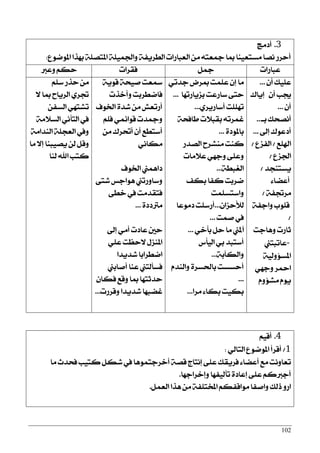 102
3.‫أرَر‬
‫املٛمٛع‬ ‫بٗشا‬ ١ً‫املتق‬ ١ًُٝ‫ٚاؾ‬ ١‫ايطضٜؿ‬ ‫ايعباصات‬ َٔ ٘‫مجعت‬ ‫مبا‬ ‫َغتعٝٓا‬ ‫ْقا‬ ‫أسضص‬:
‫ٚعدل‬ ِ‫سه‬ ‫ؾكضات‬ ٌ‫مج‬ ‫عباصات‬
ًِ‫ع‬ ‫سشص‬ َٔ
٫ ‫مبا‬ ‫ايضٜاح‬ ٟ‫ػض‬
ٔ‫ايغؿ‬ ٞٗ‫تؾت‬
١َ٬‫ايغ‬ ْٞ‫ايتأ‬ ‫يف‬
١َ‫ايٓزا‬ ١ً‫ايعذ‬ ‫ٚيف‬
‫َا‬ ٫‫إ‬ ‫ٜقٝبٓا‬ ٔ‫ي‬ ٌ‫ٚق‬
‫يٓا‬ ‫اهلل‬ ‫نتب‬
١ٜٛ‫ق‬ ١‫فٝش‬ ‫زلعت‬
‫ٚأخشت‬ ‫ؾامطضبت‬
‫اـٛف‬ ٠‫ؽز‬ َٔ ‫أصتعؿ‬
ًِ‫ؾ‬ ُٞ٥‫قٛا‬ ‫ٚمجزت‬
َٔ ‫أؼضى‬ ٕ‫أ‬ ‫أعتطع‬
ْٞ‫َها‬
‫اـٛف‬ ‫راُٖين‬
٢‫ؽت‬ ‫ٖٛادػ‬ ‫ٚعاٚصتين‬
٢‫خط‬ ‫يف‬ ‫ؾتكزَت‬
٠‫َذلرر‬...
‫إىل‬ َٞ‫أ‬ ‫عارت‬ ‫سني‬
ًٞ‫ع‬ ‫٫سعت‬ ٍ‫املٓظ‬
‫ؽزٜزا‬ ‫امطضابا‬
‫أفابين‬ ‫عٓا‬ ‫ؾغأيتين‬
ٕ‫ؾها‬ ‫ٚقع‬ ‫مبا‬ ‫سزثتٗا‬
‫ٚقضصت‬ ‫ؽزٜزا‬ ‫غنبٗا‬...
ٞ‫دزت‬ ‫مبضض‬ ‫عًُت‬ ٕ‫إ‬ ‫َا‬
‫بظٜاصتٗا‬ ‫عاصعت‬ ٢‫ست‬...
ٟ‫أعاصٜض‬ ‫تًًٗت‬...
١‫طاؾش‬ ‫بكب٬ت‬ ٘‫غُضت‬
٠‫باملٛر‬...
‫ايقزص‬ ‫َٓؾضح‬ ‫نٓت‬
‫ع٬َات‬ ٞٗ‫ٚد‬ ٢ً‫ٚع‬
١‫ايػبط‬...
‫بهـ‬ ‫نؿا‬ ‫مضبت‬
‫ٚاعتغًُت‬
ٕ‫يٮسظا‬...‫رَٛعا‬ ‫أصعًت‬
‫فُت‬ ‫يف‬...
ٞ‫بأخ‬ ٌ‫س‬ ‫َا‬ ‫آملين‬...
‫ايٝأؼ‬ ٞ‫ب‬ ‫أعتبز‬
١‫ٚايهآب‬...
ّ‫ٚايٓز‬ ٠‫باؿغض‬ ‫أسغغت‬
...
‫َضا‬ ٤‫بها‬ ‫بهٝت‬...
ٕ‫أ‬ ‫عًٝو‬...
ٕ‫أ‬ ‫هب‬‫إٜاى‬
ٕ‫أ‬...
‫بـ‬ ‫أْقشو‬...
‫إىل‬ ‫أرعٛى‬...
‫اشلًع‬/‫ايؿظع‬/
‫اؾظع‬/
‫ٜغتٓذز‬/
٤‫أعنا‬
١‫َضػؿ‬/
١‫ٚادؿ‬ ‫قًٛب‬
/
‫ٖٚادت‬ ‫ثاصت‬
‫-عاتبتين‬
١ٝ‫املغ٪ٚي‬
ٞٗ‫ٚد‬ ‫امحض‬
ّٚ٪‫َؾ‬ ّٜٛ
4.ِٝ‫أق‬
1/ٞ‫ايتاي‬ ‫املٛمٛع‬ ‫أقضأ‬:
‫َا‬ ‫ؾشزخ‬ ‫نتٝب‬ ٌ‫ؽه‬ ‫يف‬ ‫أخضدتُٖٛا‬ ١‫قق‬ ‫إْتاز‬ ٢ً‫ع‬ ‫ؾضٜكو‬ ٤‫أعنا‬ ‫َع‬ ‫تعاْٚت‬
‫ٚإخضادٗا‬ ‫تأيٝؿٗا‬ ٠‫إعار‬ ٢ً‫ع‬ ِ‫أددلن‬.
ٌُ‫ايع‬ ‫ٖشا‬ َٔ ١‫املدتًؿ‬ ِ‫َٛاقؿه‬ ‫ٚافؿا‬ ‫سيو‬ ٚ‫اص‬.
 