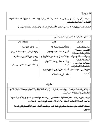 ‫املٛمٛع‬3:
١ٝ‫ايطبٝع‬ ‫احملُٝات‬ ‫أسز‬ ‫إىل‬ ١ٝ‫َزصع‬ ١ً‫صس‬ ‫يف‬ ‫ؽاصنت‬.٠‫بايعٛر‬ ِ‫ُُٖت‬ ‫ٚملا‬ ‫ا٫عتُتاع‬ ‫ٚبعز‬
ِ‫أفزقا٥ه‬ ‫أسز‬ ‫اؾتكزمت‬.
١ٜ‫ايٓٗا‬ ‫ناْت‬ ‫ٚنٝـ‬ ‫بٗا‬ ِ‫قُت‬ ‫اييت‬ ٍ‫ا٭عُا‬ ‫سانضا‬ ١‫اؿارث‬ ٘ٝ‫ؾ‬ ٟٚ‫تض‬ ‫ْقا‬ ‫انتب‬.
ٞ‫ْق‬ ‫ؼضٜض‬ ‫يف‬ ١ٝ‫ايتاي‬ ‫بايعباصات‬ ‫أعتعني‬:
‫عباصات‬ٌ‫مج‬‫ٚعدل‬ ِ‫سه‬
١‫نجٝؿ‬ ١‫غاب‬
‫ا٭ؽذاص‬/ٕ‫أغقا‬
١‫َتؾابه‬/‫َغايو‬
٠‫ٚعض‬/٠‫ٚعض‬ ‫َغايو‬/
‫باعكات‬ ‫أؽذاص‬/
١‫فارس‬ ‫عقاؾرل‬/
‫اؿؾضات‬ ١‫خؾدؾ‬/
ًٌٝ‫ظ‬ ٌ‫ظ‬/‫عطض‬ ٤‫ٖٛا‬
/‫صطب‬
‫اْؾضاسا‬ ‫ايقزص‬ ‫متٮ‬
١‫َتٖٛذ‬ ١‫َتٓاعك‬ ٕ‫أيٛا‬
ٕ‫عز‬ ‫دٓات‬-‫صا٥ع‬ ‫َٓعض‬ َٔ ٘‫ي‬ ‫ٜا‬
‫ا٭ؽذاص‬ ‫ٚعط‬ ‫عشص‬ ّ‫ٜتكز‬
١‫املًتؿ‬
‫ايضٜح‬ ‫أعابل‬ ٟ‫عرل‬ ‫يف‬ ‫أعضعت‬
٘‫َغاعزت‬ ‫إىل‬ ‫خـ‬
ٙ‫تا‬ ّٛ‫ايك‬ ‫خايـ‬ َٔ
‫ايضبٝع‬ ‫يو‬ ‫ػًب‬ ‫ايبٝت‬ ‫يف‬ ٠‫طٖض‬
‫ٜعز‬ ١‫عاع‬ ‫ايٓؿٛؼ‬ ٔ‫ع‬ ‫صٚسٛا‬
١‫عاع‬
‫سٝا‬ ٤ٞ‫ؽ‬ ٌ‫ن‬ ٤‫املا‬ َٔ ‫ٚدعًٓا‬
‫ؾكضات‬
‫ايؾذض‬ ٕ‫أيٛا‬ ‫ٚناْت‬ , ‫ٚا٭ؽذاص‬ ‫ا٭ٚصام‬ ١‫صا٥ش‬ َٔ ‫خؿٝـ‬ ‫عطض‬ ٤‫يًٗٛا‬ ٕ‫ٚنا‬ , ١‫ايػاب‬ ‫يف‬ ‫عضت‬
١ٜٓ‫َتبا‬ ٘‫ٚأؽهاي‬ , ١‫كتًؿ‬.
, ٠‫ايٓنض‬ ‫ٚا٭طٖاص‬ ‫ايؾذاص‬ ٠‫خنض‬ ‫فؿشاتٗا‬ ٢ً‫ع‬ ‫تٓعهػ‬ ٠‫ناملضآ‬ ١‫٫َع‬ ٤‫طصقا‬ ٠‫ايبشرل‬ ٙ‫َٝا‬
‫اـ٬ب‬ ٍ‫اؾُا‬ ‫شلشا‬ ‫ٜا‬!ٕ‫اؾٓا‬ ‫ؾضارٜػ‬ ‫يف‬ ٘‫ْؿغ‬ ٍ‫خا‬ ٙ‫صآ‬ َٔ ٌ‫ن‬...
‫ؾضسا‬ ‫قًيب‬ ِ‫ٚأؾعُت‬ ‫ٚسبٛصا‬ ‫أْغا‬ ٞ‫ْؿغ‬ ‫غُضمت‬ ‫ؾكز‬ ٞ‫ي‬ ِ‫َغاعزته‬ ٢ً‫ع‬ ِ‫يه‬ ‫ؽهضا‬
‫ٚعضٚصا‬.
 