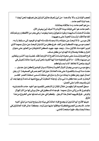 ‫ٚايزُٖا‬ ٫‫عأ‬ ٚ ٕ‫ايٛيزا‬ ‫تعذب‬":‫؟‬ ‫أٜنا‬ ٔ‫م‬ ‫ْعضؾُٗا‬ ٌٖ ‫ايبٓتني‬ ‫ٖاتني‬ ‫تعضف‬ ٜٔ‫أ‬ َٔ
-‫ساَز‬ ِ‫ايع‬ ‫ابٓتا‬ ‫ُٖا‬.
-‫بعا٥ًتٓا‬ ٘‫ع٬قت‬ ‫َا‬ ٚ ‫ساَز‬ ِ‫ايع‬ ٖٛ َٔ.
-ٕ‫اٯ‬ ‫ٜعٝؿ‬ ٜٔ‫أ‬ ‫أعضف‬ ٫ ٚ ّ‫ا٭ٜا‬ ‫بٝٓٓا‬ ‫ؾضقت‬ ٞ‫أخ‬ ٖٛ ‫ساَز‬ ِ‫ايع‬.
‫ٜػٛفا‬ ‫ُٖا‬ ٚ ‫َشٖٛيني‬ ‫بكٝا‬ ٚ ‫يغاُْٝٗا‬ ١‫ايزٖؾ‬ ‫عكزت‬ٕ‫تًو‬ ِ‫ٚصغ‬ ٚ ‫ا٭ؾهاص‬ َٔ ‫عض‬ ‫يف‬
‫ٚدُٗٝٗا‬ ٢ً‫ع‬ ٠‫اؿرل‬ ‫اصتغُت‬ ‫ؾكز‬ ٠‫املؿادأ‬.
٢‫عٝغ‬ ٍ‫قا‬":٘‫صأع‬ ‫َغكط‬ ‫إىل‬ ‫ؾٝعٛر‬ ‫اشلزاٜا‬ ٘‫ي‬ ّ‫ْكز‬ ٙ‫ٚدزْا‬ ‫إسا‬ ٚ ْ٘‫عٓٛا‬ ٔ‫ع‬ ‫ْبشح‬ ٫ ‫ملا‬."
ٟ‫ايش‬ ‫عُُٗا‬ ٍ‫َٓظ‬ ٔ‫ع‬ ‫يًبشح‬ ٕ‫ايؾابا‬ َٔ ٌ‫ن‬ ‫خضز‬ ‫ايػز‬ َٔٚ ٠‫ايؿهض‬ ٙ‫بٗز‬ ٢‫َٛع‬ ‫أعذب‬
١ٓ‫ع‬ ‫ث٬ثني‬ ‫َٓش‬ ٙٛ‫أخ‬ ‫ٜض‬ ‫مل‬..ٕ‫عٓٛا‬ ٢ً‫ع‬ ‫ايعجٛص‬ َٔ ٕ‫ايؾكٝكا‬ ٔ‫مته‬ ‫دٗٝز‬ ‫دٗز‬ ‫ٚبعز‬
‫فٓـ‬ ٌ‫ن‬ َٔ ‫اشلزاٜا‬ ٘‫ي‬ ٕ٬ُ‫و‬ ‫ناْا‬ ٚ ٍ‫املٓظ‬.
‫ٜتطاٜض‬ ‫ايؾضص‬ ‫ٚبزأ‬ ‫غنبت‬ ‫ؾكز‬ ١‫ايظٚد‬ ‫أَا‬ ‫ايؿضح‬ ١َ‫ابتغا‬ ٙ‫قٝا‬ ٢ً‫ع‬ ‫ٚاصتغُت‬ ِ‫ايع‬ ‫ؾضح‬
‫قايت‬ ٚ ‫عٝٓٝٗا‬ َٔ":‫يف‬ ‫تعٝؿ‬ ١ً٥‫عا‬ ‫يزٜٓا‬ ‫يٝػ‬ ٔ‫م‬ ٤‫ايػضبا‬ ‫أٜٗا‬ ‫ٖٓا‬ ًْ٘ٛ‫تؿع‬ ٟ‫ايش‬ ‫َا‬
ِ‫مبغتٛان‬ ‫أْاعا‬ ‫نايط‬ ٫ ٔ‫ٚم‬ ‫ايضٜـ‬
٣ٚ‫دز‬ ٕٚ‫ر‬ ٔ‫يه‬ ‫املٛمٛع‬ ٕ‫ْغٝا‬ ٫ٚ‫ٚسا‬ ١‫اـٝب‬ ٍ‫أسٜا‬ ٕ‫هضا‬ ٢‫عٝغ‬ ٚ ٢‫َٛع‬ ‫صدع‬...
١‫ايقشٝؿ‬ ‫يف‬ ‫عُض‬ ِ‫ايع‬ ‫قضأ‬ ‫سني‬ ١‫اؿارث‬ ٙ‫ٖش‬ ٢ً‫ع‬ ٠‫بايكقرل‬ ‫يٝغت‬ ٠‫َز‬ ‫َنت‬"ٌ‫صد‬ ٕ‫ا‬
٢ُ‫تغ‬ ١‫فؿك‬ ‫يف‬ ٍ‫َٓظ‬ ٚ ٍ‫َا‬ َٔ ‫ميًو‬ ‫َا‬ ٌ‫ن‬ ٖٔ‫ص‬ ‫ؽٗرل‬ ٍ‫اعُا‬"‫ايعُض‬ ١‫فؿك‬"‫ؾدغض‬
ٕ‫أ‬ ‫بعز‬ ‫طٚدٗا‬ ٠‫ملغاعز‬ ‫سٖبٗا‬ ‫بٝع‬ ‫إىل‬ ‫أمطضت‬ ٘‫طٚدت‬ ٕ‫ٚأ‬ ٤ٞ‫ؽ‬ ‫َا‬ ٌ‫ن‬ ٘‫َع‬ ‫خغض‬ ٚ ٕ‫ايضٖا‬
ٌُ‫ايع‬ ٢ً‫ع‬ ‫قارصا‬ ‫ٜعز‬ ‫ٚمل‬ ٌ‫ؽ‬"
٘ٝٓ‫اب‬ ًِ‫ؾأع‬ ‫ساَز‬ ٙٛ‫أخ‬ ٖٛ ‫املكقٛر‬ ‫ايؾدك‬ ٕ‫ا‬ ٍ‫املكا‬ ٍ٬‫خ‬ َٔ ِٗ‫ٚؾ‬ ‫قضأ‬ ‫مبا‬ ِ‫ايع‬ ‫فعل‬
ٍ‫اشلظا‬ ‫آثاص‬ َٔ ‫شلا‬ ٢‫ٜضث‬ ٍ‫سا‬ ‫يف‬ ‫املغهني‬ ٙ‫ؾٛدزا‬ , ‫عُُٗا‬ ٍ‫َٓظ‬ ‫إىل‬ ‫ؾأعضع‬ ‫باملٛمٛع‬
‫ٖشا‬ َٔ ‫اـضٚز‬ ٢ً‫ع‬ ‫ملغاعزتٗا‬ ٌ‫س‬ ‫يف‬ ‫ٚؾهضا‬ , ٌ‫ايضد‬ ‫ٖشا‬ ٍ‫ؿا‬ ‫قًبُٝٗا‬ ‫ؾضم‬ , ‫ٚاملضض‬
‫املأطم‬
٘ٝ‫أخ‬ ‫ابٓيت‬ َٔ ٘ٝٓ‫اب‬ ‫ٜظٚز‬ ٕ‫ٚا‬ ٘‫بٝت‬ ‫يف‬ ١ً٥‫اعا‬ ‫اؾضار‬ ‫هُع‬ ٕ‫ا‬ ‫ايؾابني‬ ٛ‫أب‬ ‫اقذلز‬ ‫سٝٓٗا‬
‫يف‬ ‫ايعا٥ًتني‬ ‫اؾضار‬ ‫عاـ‬ ‫ٖٚهشا‬ ,‫تضرر‬ ٕٚ‫ر‬ ‫عًٝٗا‬ ‫ٚٚاؾكٛا‬ ٘‫ؾهضت‬ ‫اؾُٝع‬ ٔ‫ؾاعشغ‬ ,‫ساَز‬
ٞ‫املام‬ ١‫فؿش‬ ‫طٛٚا‬ ‫ٚقز‬ ٤‫ٖٚٓا‬ ٠‫ععار‬.
 
