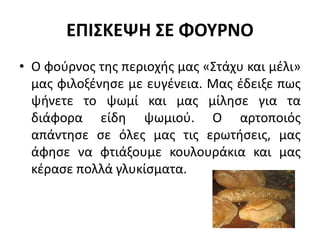 ΕΠΙΣΚΕΨΗ ΣΕ ΦΟΥΡΝΟ
• Ο φούρνος της περιοχής μας «Στάχυ και μέλι»
μας φιλοξένησε με ευγένεια. Μας έδειξε πως
ψήνετε το ψωμί και μας μίλησε για τα
διάφορα είδη ψωμιού. Ο αρτοποιός
απάντησε σε όλες μας τις ερωτήσεις, μας
άφησε να φτιάξουμε κουλουράκια και μας
κέρασε πολλά γλυκίσματα.
 