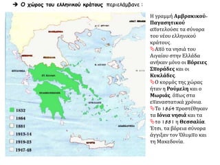 Ο χώρος του ελληνικού κράτους περιελάμβανε :
Η γραμμή Αμβρακικού-
Παγασητικού
αποτελούσε τα σύνορα
του νέου ελληνικού
κράτους.
Από τα νησιά του
Αιγαίου στην Ελλάδα
ανήκαν μόνο οι Βόρειες
Σποράδες και οι
Κυκλάδες.
Ο κορμός της χώρας
ήταν η Ρούμελη και ο
Μωριάς, όπως στα
επαναστατικά χρόνια.
Το 1864 προστέθηκαν
τα Ιόνια νησιά και τα
το 1881 η Θεσσαλία.
Έτσι, τα βόρεια σύνορα
άγγιξαν τον Όλυμπο και
τη Μακεδονία.
 