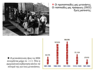 ΠΗΓΗ 2
Διαδικασία Αστικής Συγκέντρωσης. Μετανάστευση
Ο αριθμός, λοιπόν, των μεταναστών το 1890 είναι της ίδιας τάξεως με το σύνολο της αύξησης
του αστικού πληθυσμού σε απόλυτους όρους. Η αύξηση όμως αυτή, περιλαμβάνει και τη φυσική
αύξηση του αστικού πληθυσμού: την περίοδο αυτή πρέπει να είναι της τάξεως των 50%. Το τμήμα
εκείνο του αστικού πληθυσμού που αυξήθηκε λόγω της εσωτερικής μετανάστευσης δε θα πρέπει
συνεπώς να ξεπερνάει πολύ τις 100.000 κατοίκους. Συμπεραίνουμε λοιπόν, ότι το
μεταναστευτικό ρεύμα προς το εξωτερικό, ήταν αριθμητικά ισχυρότερο από το ρεύμα
αστικοποίησης· μ’ άλλα λόγια: περισσότεροι κάτοικοι της ελληνικής επαρχίας οδηγούνται προς
το εξωτερικό, παρά προς τις πόλεις.
...........................................................................................................................
Το αποδημητικό ρεύμα κατευθύνεται αρχικά προς την Κωνσταντινούπολη και τα δυτικά παράλια
της Μικράς Ασίας.
...........................................................................................................................
Όμως οι πληθυσμιακές μετακινήσεις δεν κατευθύνονται μόνο προς την Τουρκία αλλά και προς τη
μεσημβρινή Ρωσία, όπου υπήρχαν 600.000 Έλληνες το 1920, και τη Ρουμανία.
...........................................................................................................................
Για τις Η.Π.Α. μεταναστεύουν 376.000 κάτοικοι, ενώ 390.000 προστίθενται στον πληθυσμό των
αστικών κέντρων στο διάστημα 1889-1920 (εδώ συμπεριλαμβάνεται και η φυσική αύξηση του
αστικού πληθυσμού). Κ. Τσουκαλά, Εξάρτηση και Αναπαραγωγή, σσ. 107-108
Λαμβάνοντας υπόψη το περιεχόμενο των πηγών και τις σχετικές πληροφορίες του βιβλίου σας
να παρουσιάσετε τα χαρακτηριστικά των μετακινήσεων των αγροτικών πληθυσμών
εντός των ορίων της χώρας και προς το εξωτερικό.
 