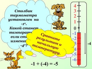4
3
2
1
-1
0
-2
-3
-4
-5
-6
Столбик
термометра
установлен на
-10
.
Какой станет
температура,
если столбик
изменить на
-40
? Умницы!!!
Проверяем…
-4
-1 + (-4) = -5
Сравните
результат и
начальную
температуру.
 