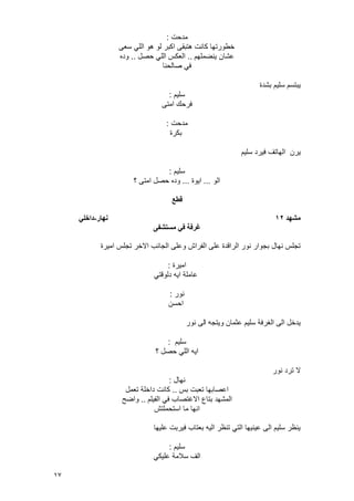 17
‫مدحت‬:
‫سعى‬ ً‫الل‬ ‫هو‬ ‫لو‬ ‫اكبر‬ ‫هتبقى‬ ‫كانت‬ ‫خطورتها‬
‫ٌنضملهم‬ ‫عشان‬..‫حصل‬ ً‫الل‬ ‫العكس‬..‫وده‬
‫صالحنا‬ ً‫ف‬
‫بشدة‬ ‫سلٌم‬ ‫ٌبتسم‬
‫سلٌم‬:
‫امتى‬ ‫فرحك‬
‫مدحت‬:
‫بكرة‬
‫ٌرن‬‫الهاتؾ‬‫سلٌم‬ ‫فٌرد‬
‫سلٌم‬:
‫الو‬...‫اٌوة‬...‫؟‬ ‫امتى‬ ‫حصل‬ ‫وده‬
‫قطع‬
‫يشهد‬12‫َهار‬-ً‫داخه‬
‫يستشفى‬ ً‫ف‬ ‫غرفت‬
‫امٌرة‬ ‫تجلس‬ ‫االخر‬ ‫الجانب‬ ‫وعلى‬ ‫الفراش‬ ‫على‬ ‫الراقدة‬ ‫نور‬ ‫بجوار‬ ‫نهال‬ ‫تجلس‬
‫امٌرة‬:
ً‫دلوقت‬ ‫اٌه‬ ‫عاملة‬
‫نور‬:
‫احسن‬
‫ا‬ ‫وٌتجه‬ ‫عثمان‬ ‫سلٌم‬ ‫الؽرفة‬ ‫الى‬ ‫ٌدخل‬‫نور‬ ‫لى‬
‫سلٌم‬:
‫؟‬ ‫حصل‬ ً‫الل‬ ‫اٌه‬
‫نور‬ ‫ترد‬ ‫ال‬
‫نهال‬:
‫بس‬ ‫تعبت‬ ‫اعصابها‬..‫تعمل‬ ‫داخلة‬ ‫كانت‬
‫الفٌلم‬ ً‫ف‬ ‫االؼتصاب‬ ‫بتاع‬ ‫المشهد‬..‫واضح‬
‫استحملتش‬ ‫ما‬ ‫انها‬
‫علٌها‬ ‫فٌربت‬ ‫بعتاب‬ ‫الٌه‬ ‫تنظر‬ ً‫الت‬ ‫عٌنٌها‬ ‫الى‬ ‫سلٌم‬ ‫ٌنظر‬
‫سلٌم‬:
ً‫علٌك‬ ‫سالمة‬ ‫الؾ‬
 
