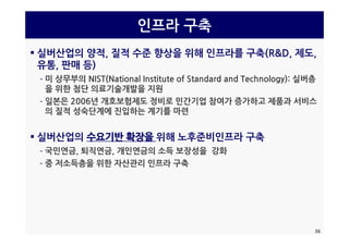 인프라 구축
 실버산업의 양적, 질적 수준 향상을 위해 인프라를 구축(R&D, 제도,
유통 판매 등)유통, 판매 등)
­ 미 상무부의 NIST(National Institute of Standard and Technology): 실버층
을 위한 첨단 의료기술개발을 지원
­ 일본은 2006년 개호보험제도 정비로 민간기업 참여가 증가하고 제품과 서비스
의 질적 성숙단계에 진입하는 계기를 마련
 실버산업의 수요기반수요기반 확장을확장을 위해 노후준비인프라 구축
­ 국민연금 퇴직연금 개인연금의 소득 보장성을 강화­ 국민연금, 퇴직연금, 개인연금의 소득 보장성을 강화
­ 중 저소득층을 위한 자산관리 인프라 구축
36
 