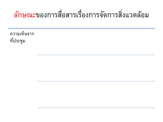 ลักษณะของการสื่อสารเรื่องการจัดการสิ่งแวดล้อม
ความเห็นจาก
ที่ประชุม
 