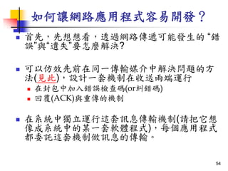 如何讓網路應用程式容易開發？
 首先，先想想看，透過網路傳遞可能發生的 “錯
誤”與“遺失”要怎麼解決?
 可以仿效先前在同一傳輸媒介中解決問題的方
法(見此)，設計一套機制在收送兩端運行
 在封包中加入錯誤檢查碼(or糾錯碼)
 回覆(ACK)與重傳的機制
 在系統中獨立運行這套訊息傳輸機制(請把它想
像成系統中的某一套軟體程式)，每個應用程式
都委託這套機制做訊息的傳輸。
54
 
