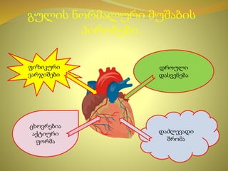 გულის ნორმალური მუშაბის
პირობები.
ფიზიკური
ვარჯიშები
დროული
დასვენება
ცხოვრებია
აქტიური
ფორმა
დაძლევადი
შრომა
 