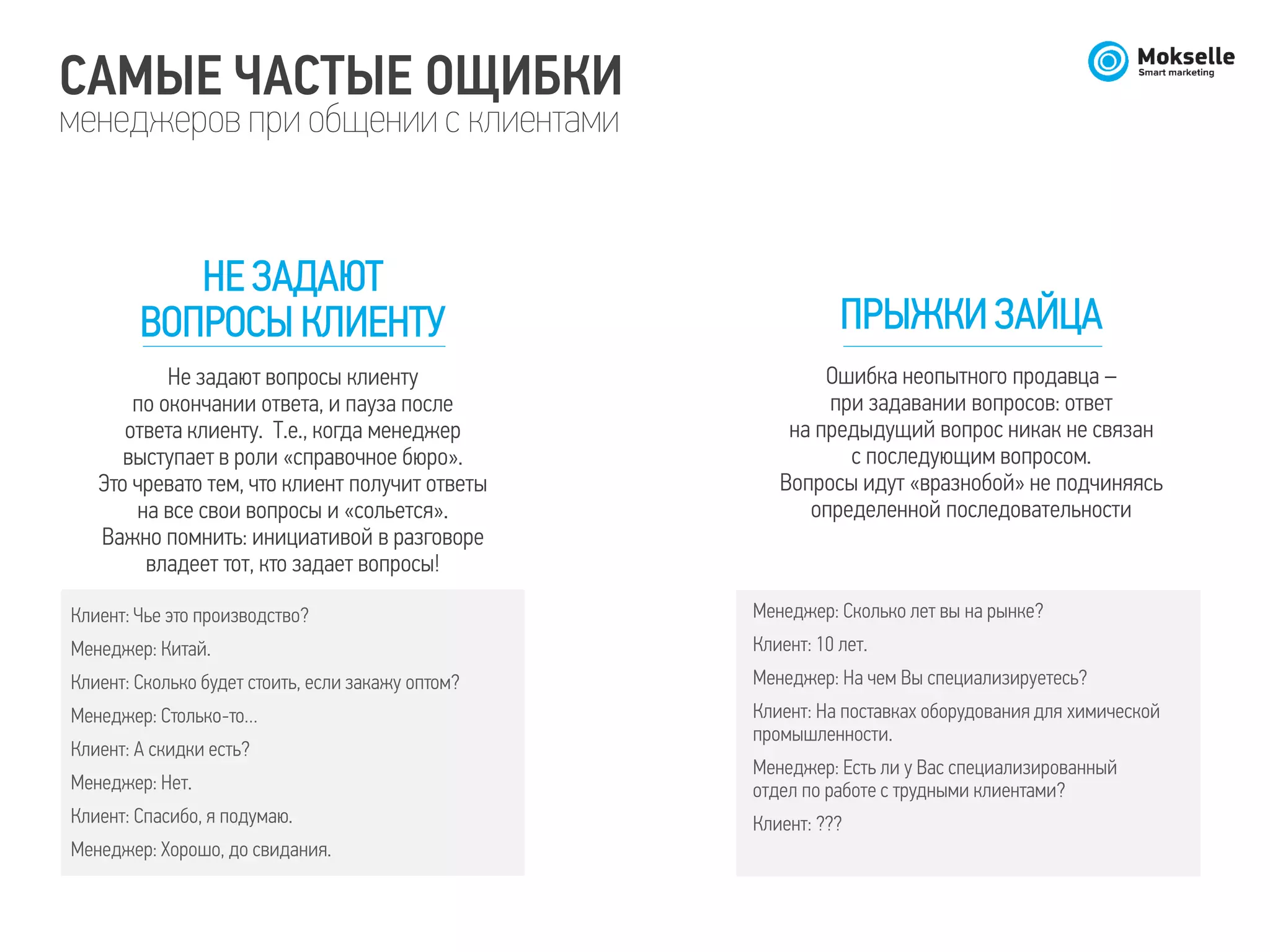 САМЫЕ ЧАСТЫЕ ОЩИБКИ
менеджеров при общении с клиентами
НЕ ЗАДАЮТ
ВОПРОСЫ КЛИЕНТУ
Не задают вопросы клиенту
по окончании ответа, и пауза после
ответа клиенту. Т.е., когда менеджер
выступает в роли «справочное бюро».
Это чревато тем, что клиент получит ответы
на все свои вопросы и «сольется».
Важно помнить: инициативой в разговоре
владеет тот, кто задает вопросы!
Клиент: Чье это производство?
Менеджер: Китай.
Клиент: Сколько будет стоить, если закажу оптом?
Менеджер: Столько-то…
Клиент: А скидки есть?
Менеджер: Нет.
Клиент: Спасибо, я подумаю.
Менеджер: Хорошо, до свидания.
ПРЫЖКИ ЗАЙЦА
Ошибка неопытного продавца –
при задавании вопросов: ответ
на предыдущий вопрос никак не связан
с последующим вопросом.
Вопросы идут «вразнобой» не подчиняясь
определенной последовательности
Менеджер: Сколько лет вы на рынке?
Клиент: 10 лет.
Менеджер: На чем Вы специализируетесь?
Клиент: На поставках оборудования для химической
промышленности.
Менеджер: Есть ли у Вас специализированный
отдел по работе с трудными клиентами?
Клиент: ???
 