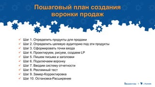 Пошаговый план создания
воронки продаж
 Шаг 1. Определить продукты для продажи
 Шаг 2. Определить целевую аудиторию под эти продукты
 Шаг 3. Сформировать точки входа
 Шаг 4. Проектируем, рисуем, создаем LP
 Шаг 5. Пишем письма и заголовки
 Шаг 6. Подключаем воронку
 Шаг 7. Вводим систему отчетности
 Шаг 8. Рекламный тест
 Шаг 9. Замер-Корректировка
 Шаг 10. Остановка-Расширение
 