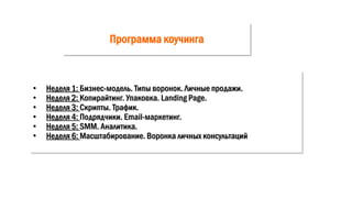 Программа коучинга
• Неделя 1: Бизнес-модель. Типы воронок. Личные продажи.
• Неделя 2: Копирайтинг. Упаковка. Landing Page.
• Неделя 3: Скрипты. Трафик.
• Неделя 4: Подрядчики. Email-маркетинг.
• Неделя 5: SMM. Аналитика.
• Неделя 6: Масштабирование. Воронка личных консультаций
 