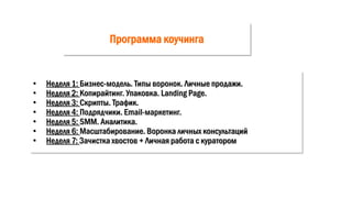 Программа коучинга
• Неделя 1: Бизнес-модель. Типы воронок. Личные продажи.
• Неделя 2: Копирайтинг. Упаковка. Landing Page.
• Неделя 3: Скрипты. Трафик.
• Неделя 4: Подрядчики. Email-маркетинг.
• Неделя 5: SMM. Аналитика.
• Неделя 6: Масштабирование. Воронка личных консультаций
• Неделя 7: Зачистка хвостов + Личная работа с куратором
 