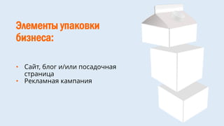 Элементы упаковки
бизнеса:
• Сайт, блог и/или посадочная
страница
• Рекламная кампания
 